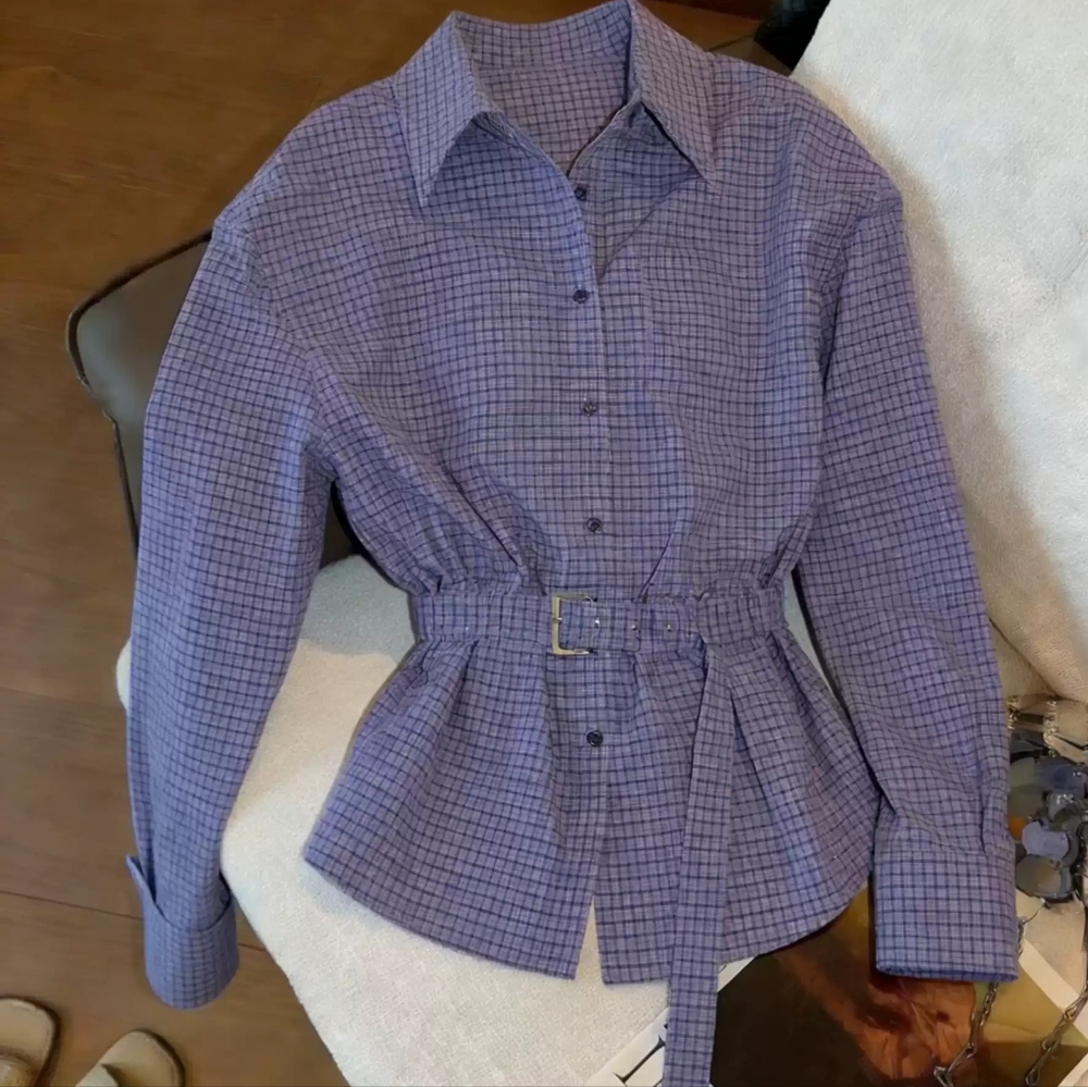 Purple Plaid Belted Waist Shirt